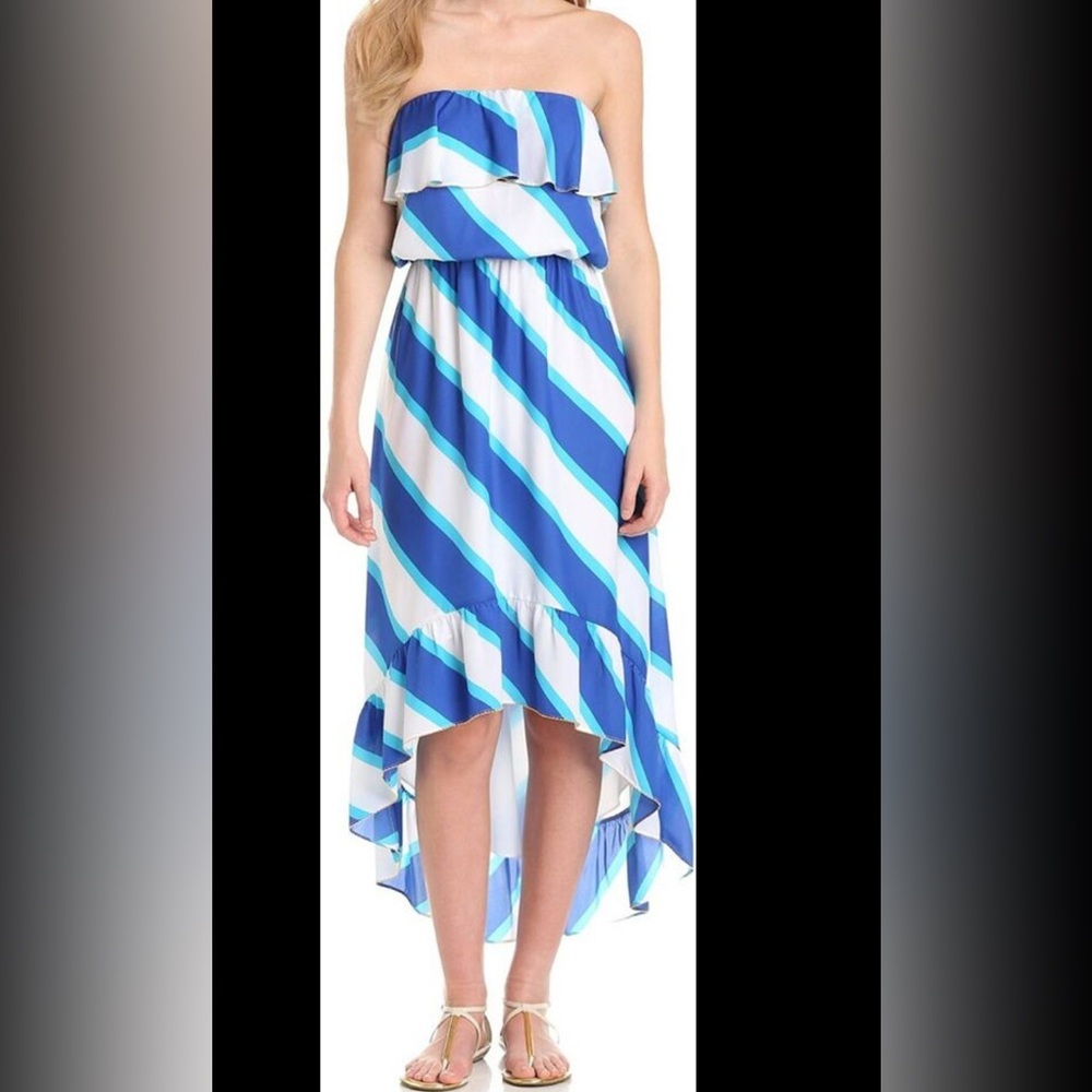 Lilly Pulitzer Strapless Dress with Blue and White Stripes, large, high low